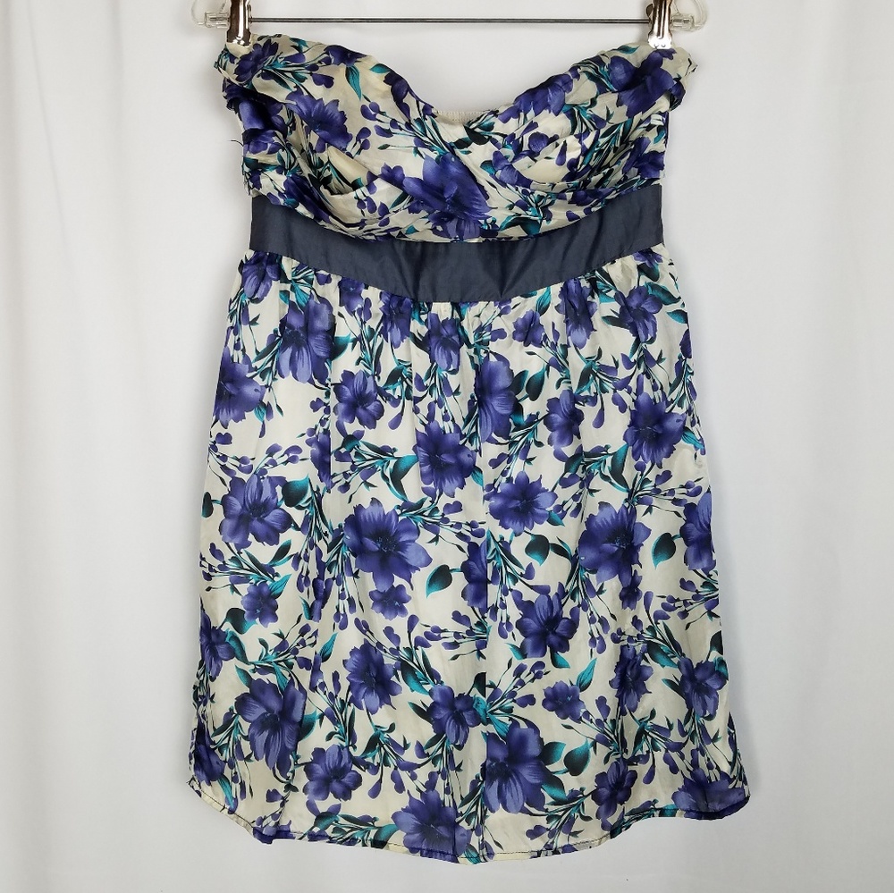 Minuet 100% Silk Strapless Mini Dress Empiĺre Waist Blue White Floral Print